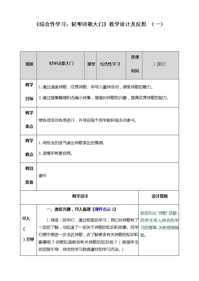 小学语文四年级下册《综合性学习:轻叩诗歌大门》教学设计及反思 共二套第1页