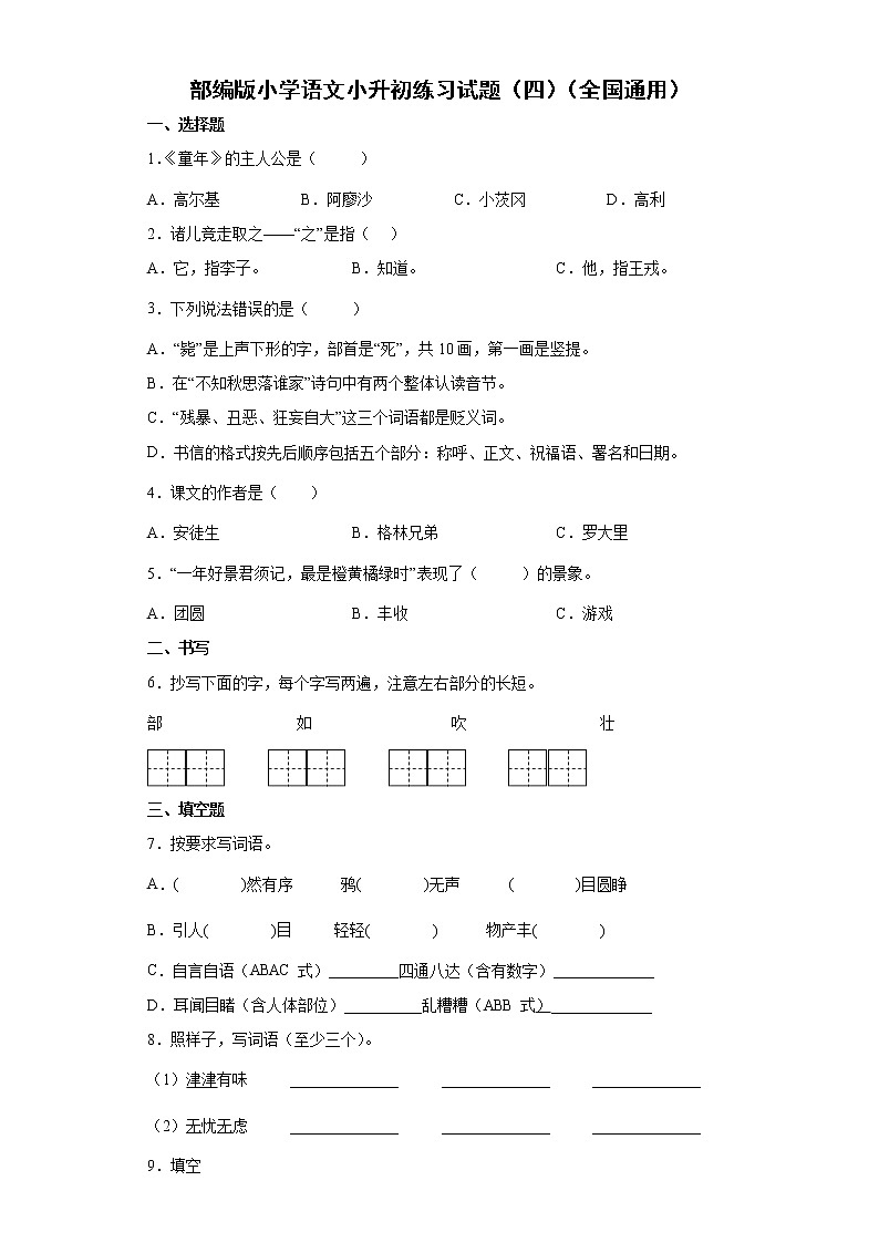 部编版小学语文小升初练习试题(四)(全国通用)第1页