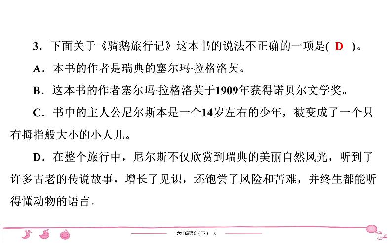 2020-2021学年六年级下册人教版语文习题课件 第2单元 6 骑鹅旅行记(节选)第4页