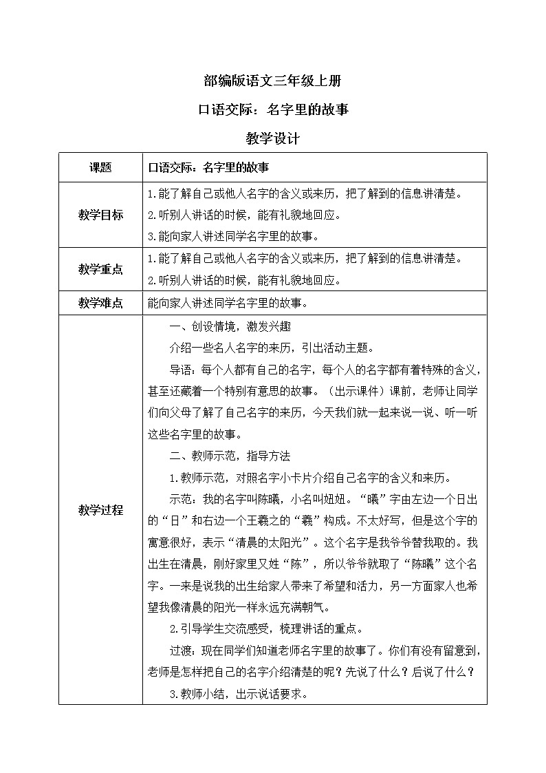 部编版语文三年级上册 口语交际:名字里的故事 课件PPT+教案01