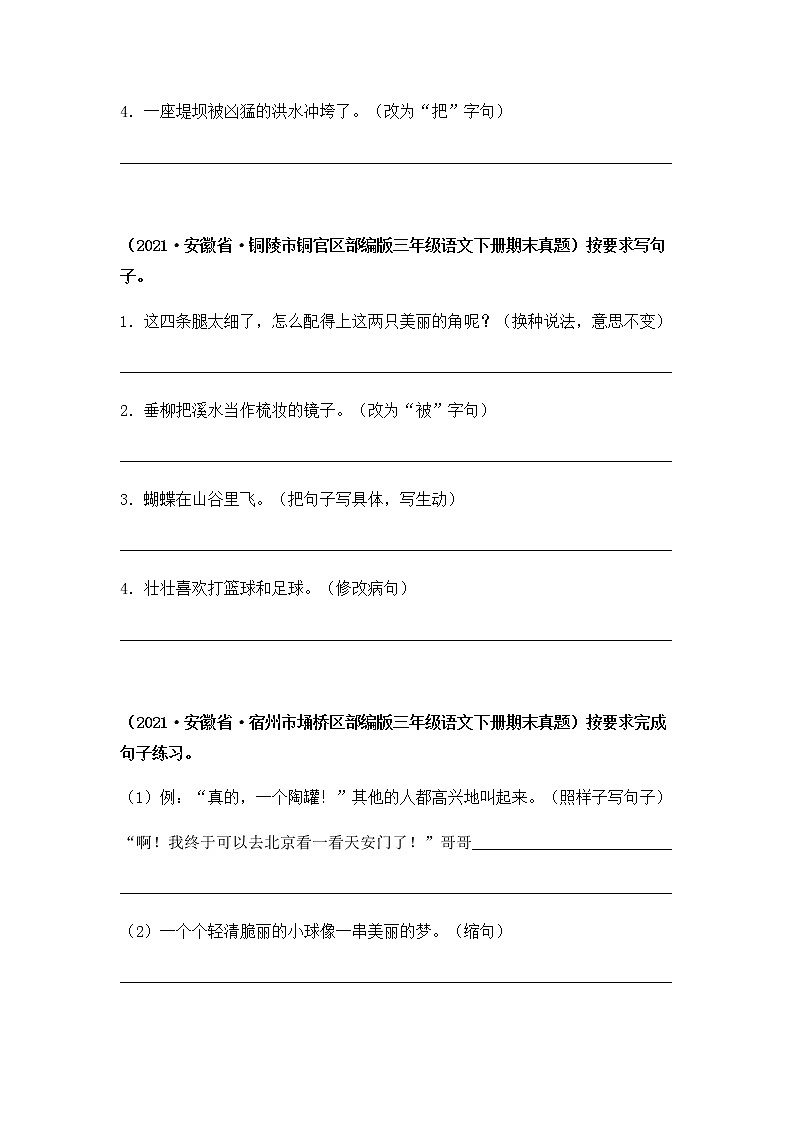 2021-2022学年部编版三年级下册语文期末专项练习12按要求写句子(原卷+解析)03