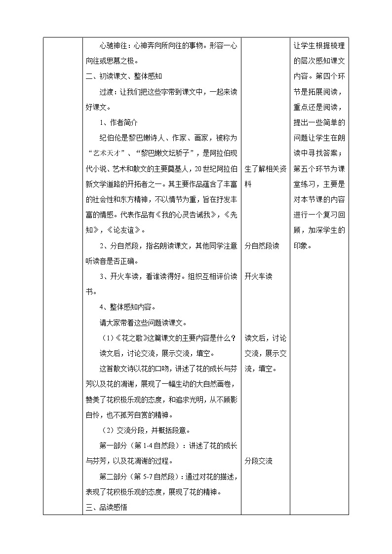 小学语文六年级上册《花之歌》教学设计(共1课时)第3页