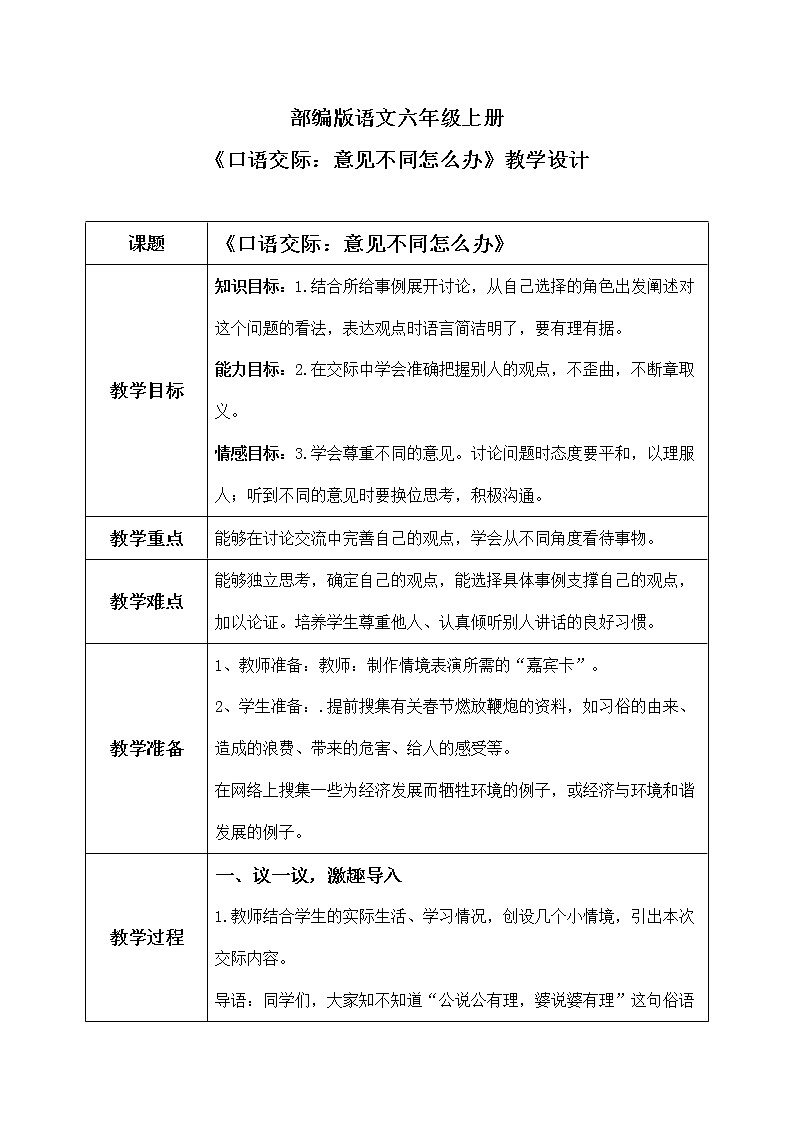 六年级上册《口语交际:意见不同怎么办》课件PPT+教案(含音视频素材)01