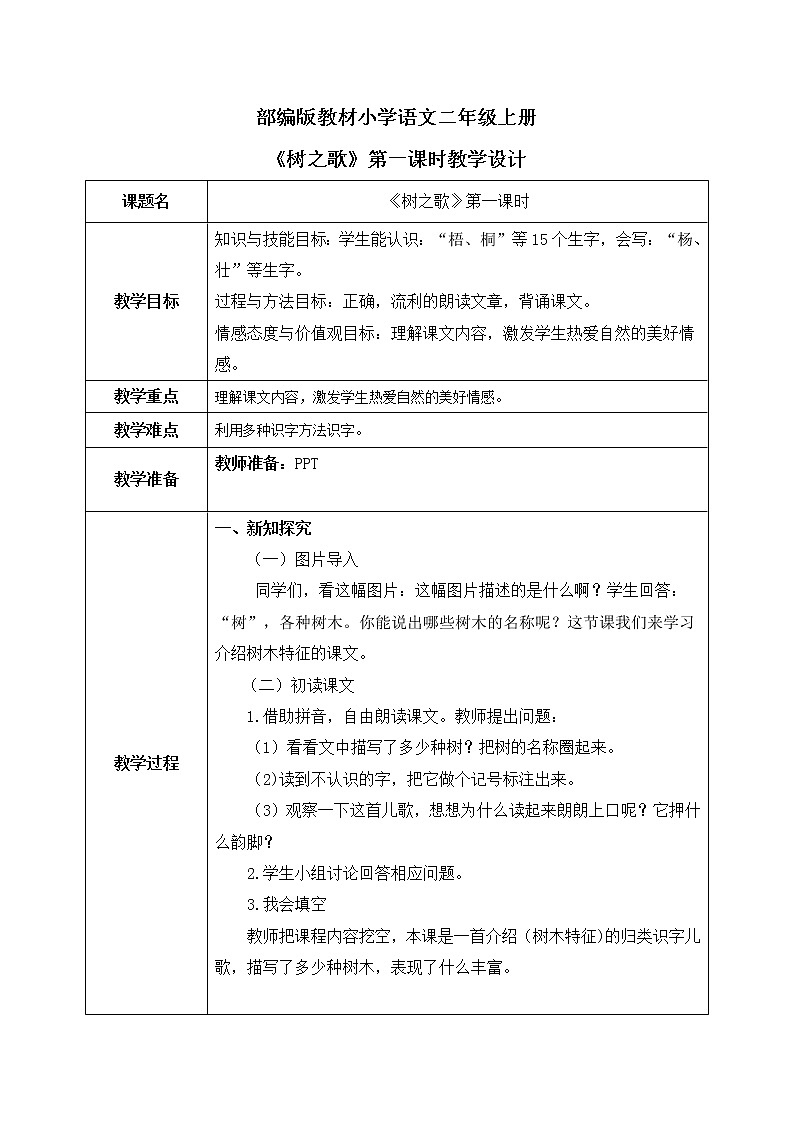 部编版小学二年级上册《树之歌》第一课时教案+课件01