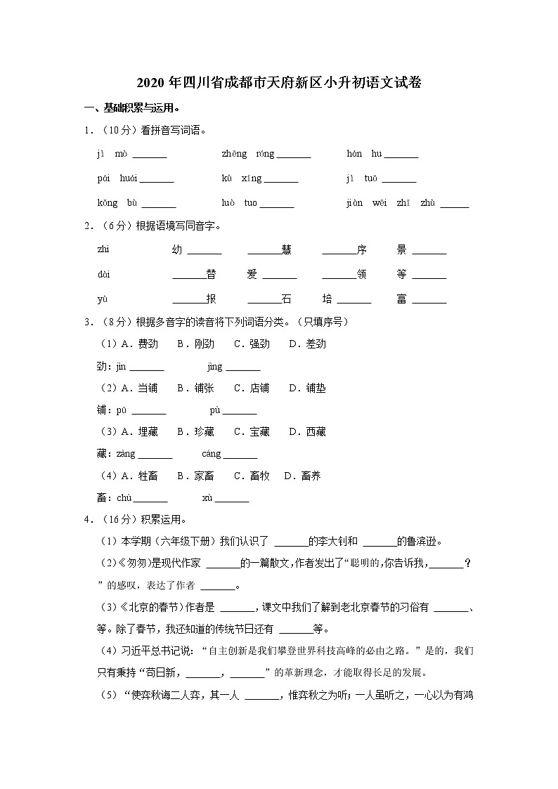 2020年四川省成都市天府新区小升初语文试卷  word,解析版01