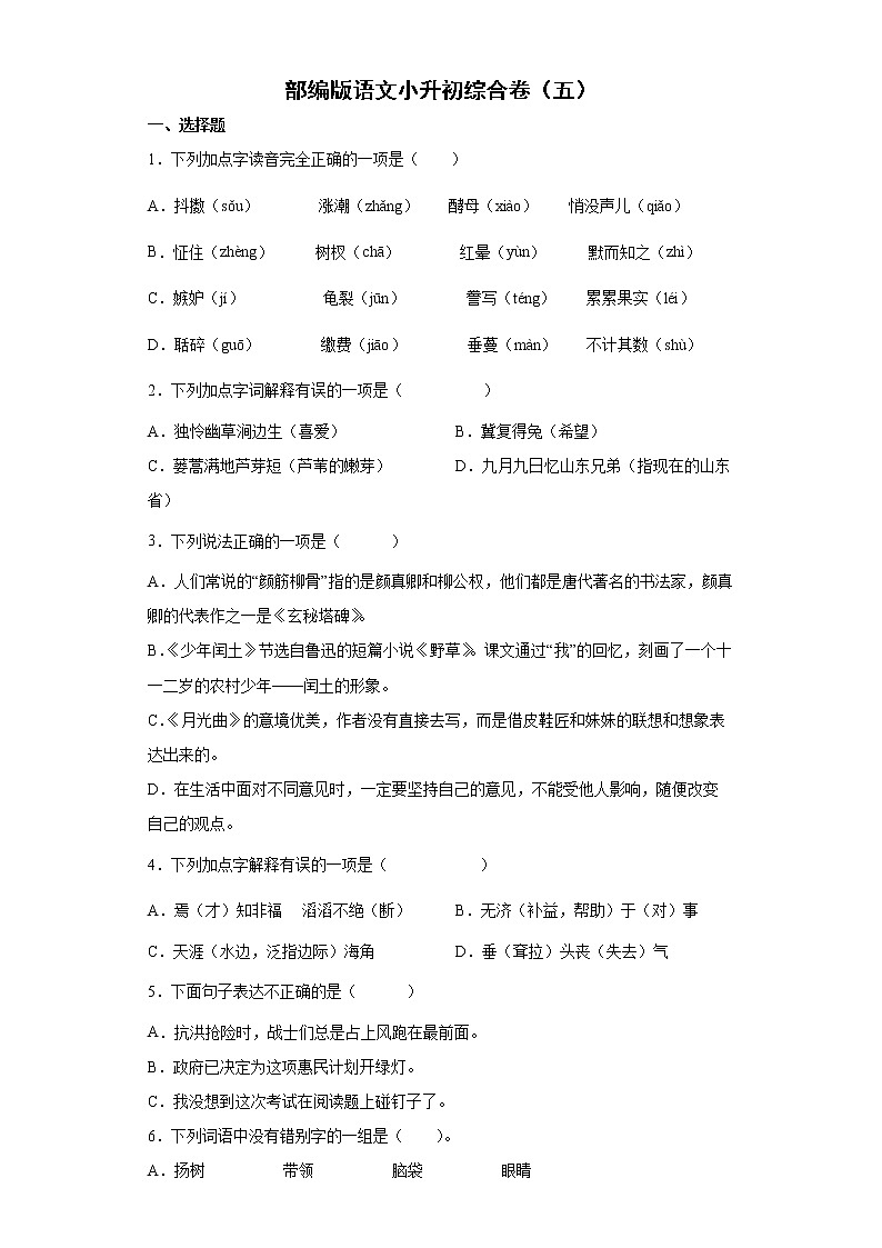 部编版语文小升初综合卷(五)第1页