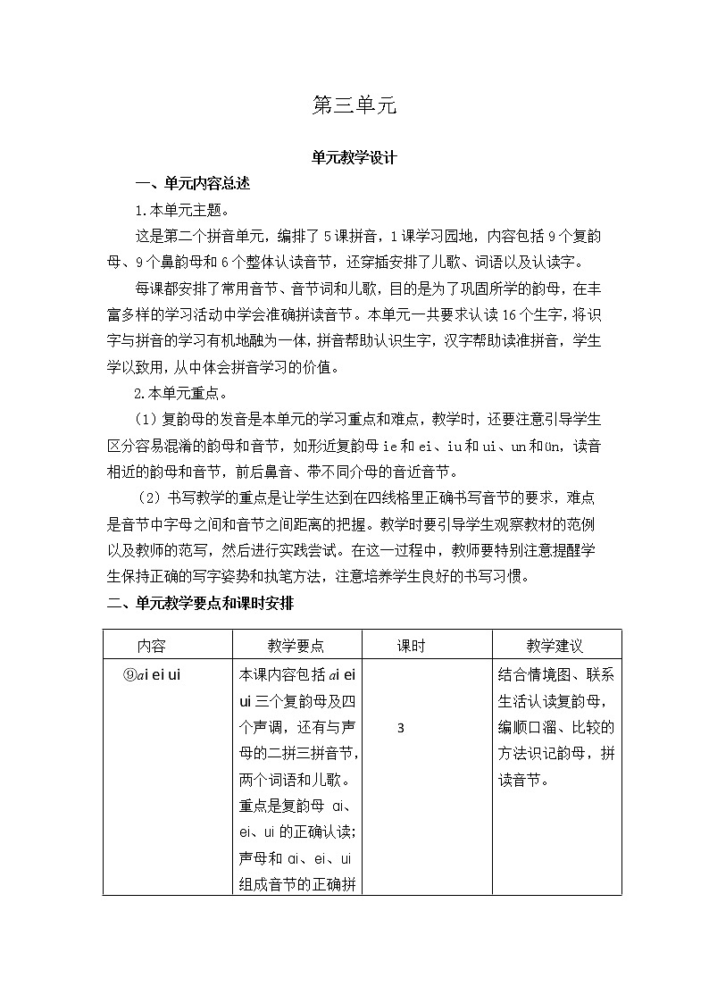 一年级上册语文 第三单元 汉语拼音单元教学设计01