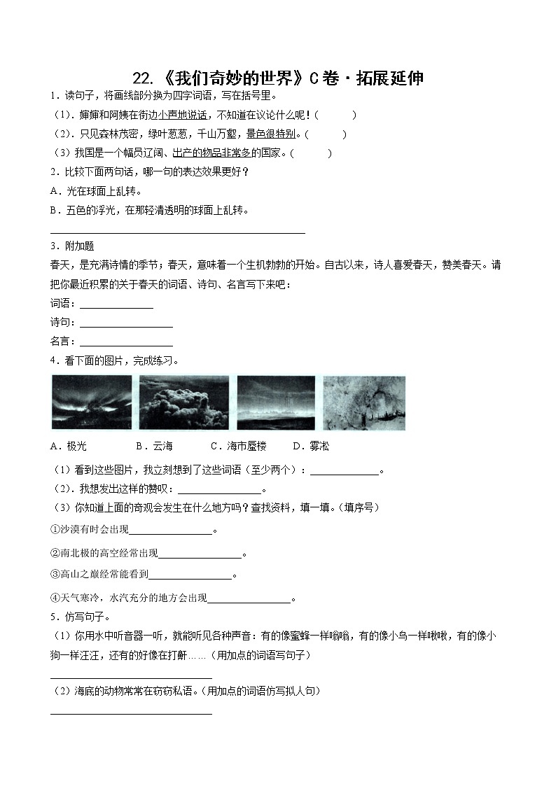 部编版 三年级下册语文22.《我们奇妙的世界》C卷·拓展延伸(学生版+解析版)01