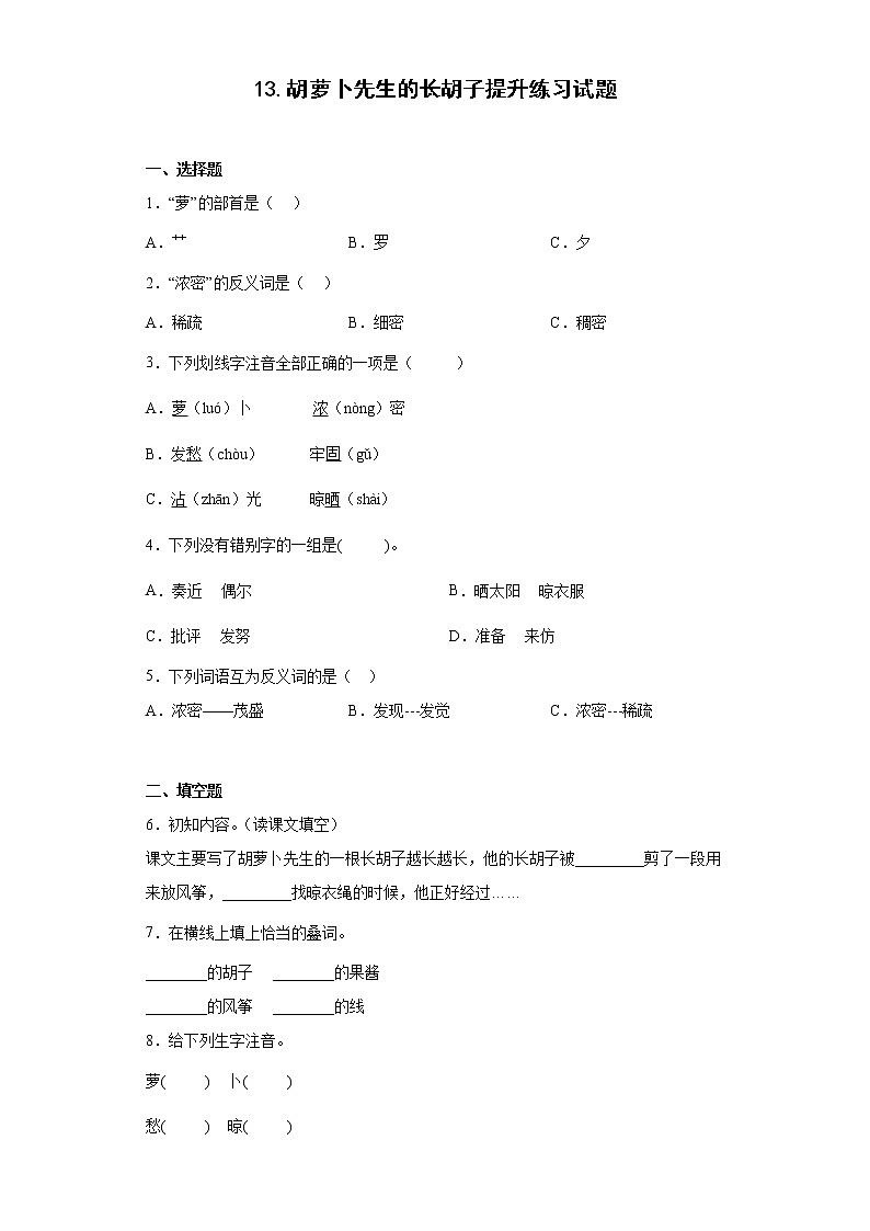13.胡萝卜先生的长胡子提升练习试题01