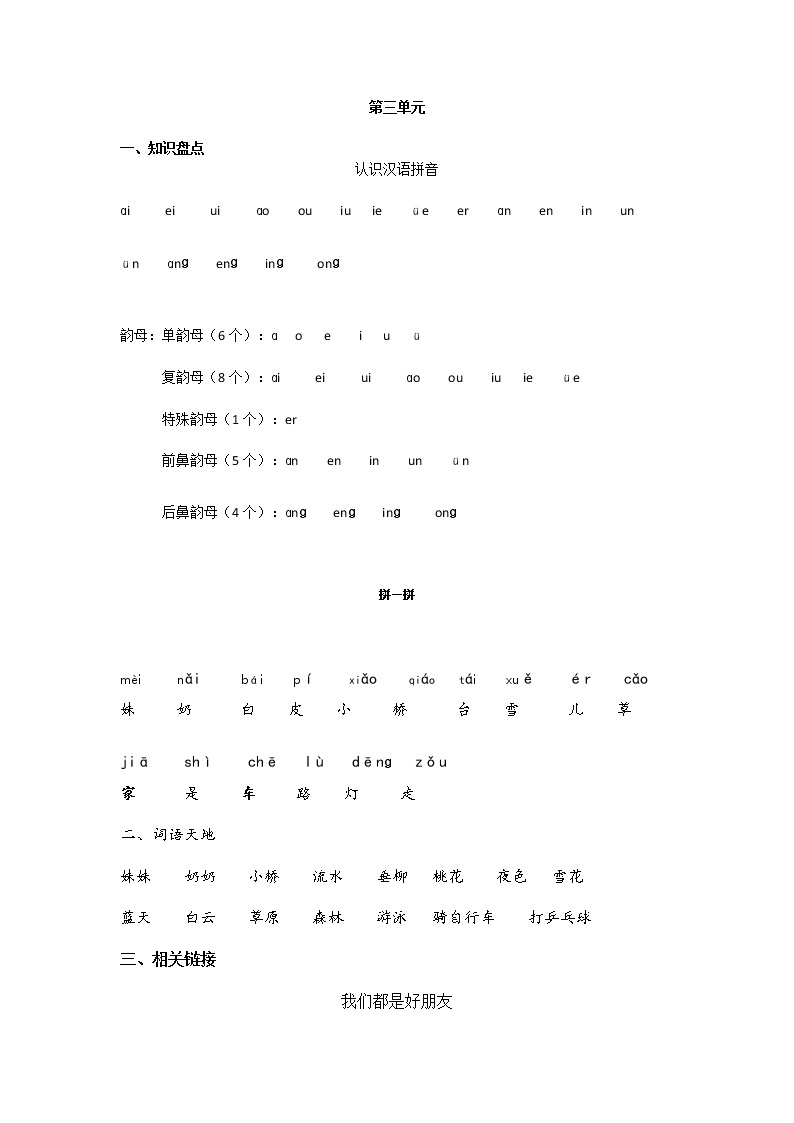 人教部编版语文一年级上册地三单元知识点01