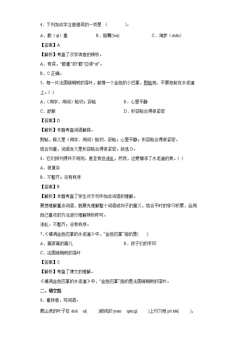 5.铺满金色巴掌的水泥道同步练习试题-2022-2023学年部编版语文三年级上册02