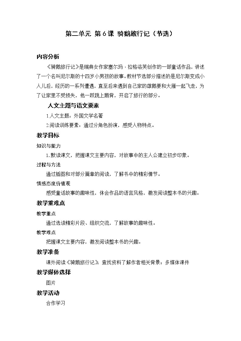 部编版小学语文六年级下册 第2单元 6.骑鹅旅行记(节选) 课件+教案01