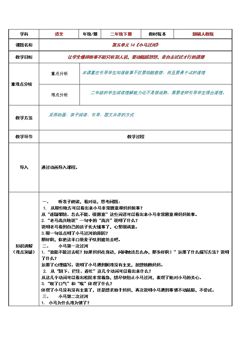 二年級語文下冊教案-14 小馬過河32-部編版第1頁