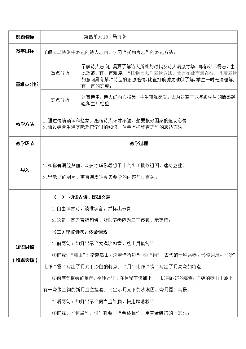 小学语文人教部编版六年级下册马诗教案及反思