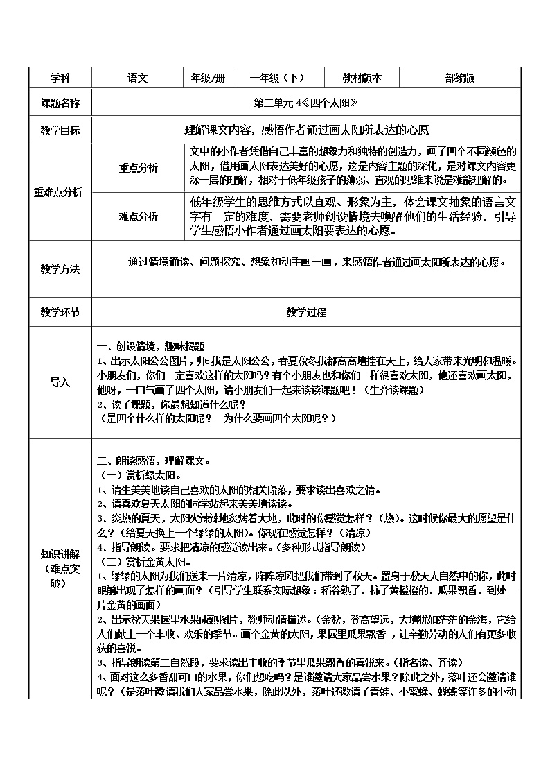 小学语文课文 14 四个太阳教案设计