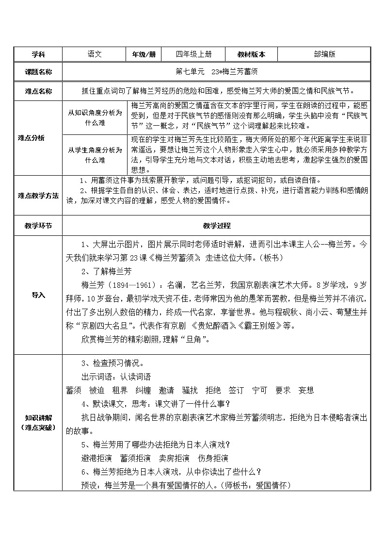 四年級(jí)上冊語文人教部編版 23.梅蘭芳蓄須 教案6第1頁
