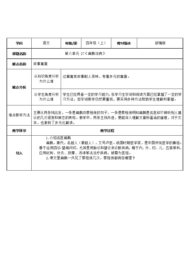 四年级上册语文人教部编版 27.寓言两则《扁鹊治病》 教案第1页