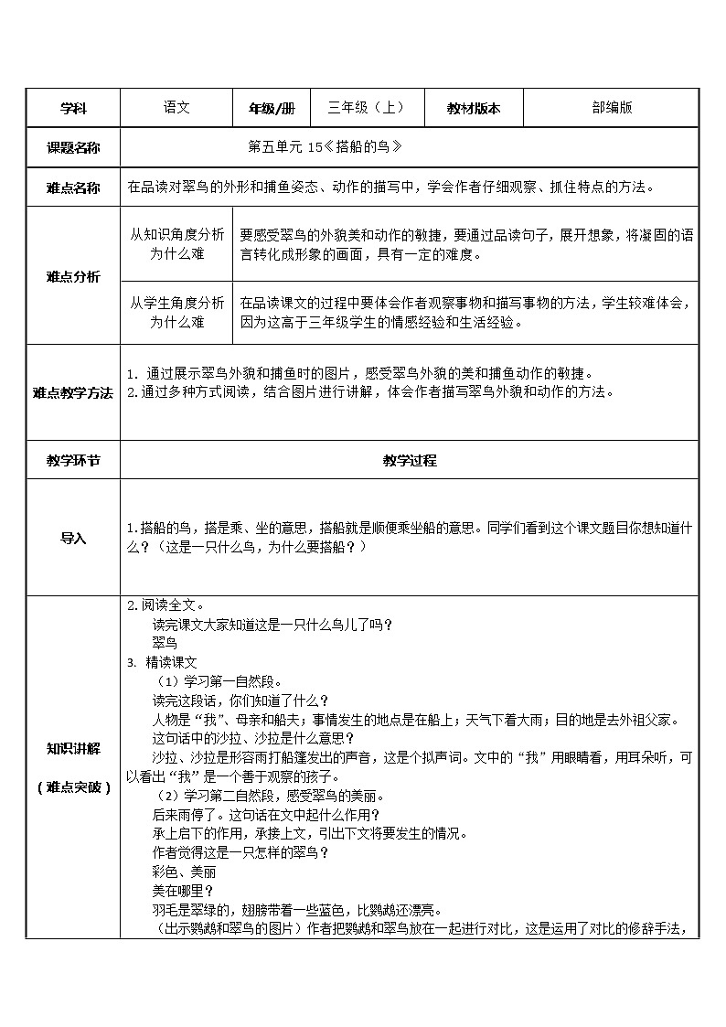 三年级上册语文人教部编版 15.搭船的鸟 教案第1页