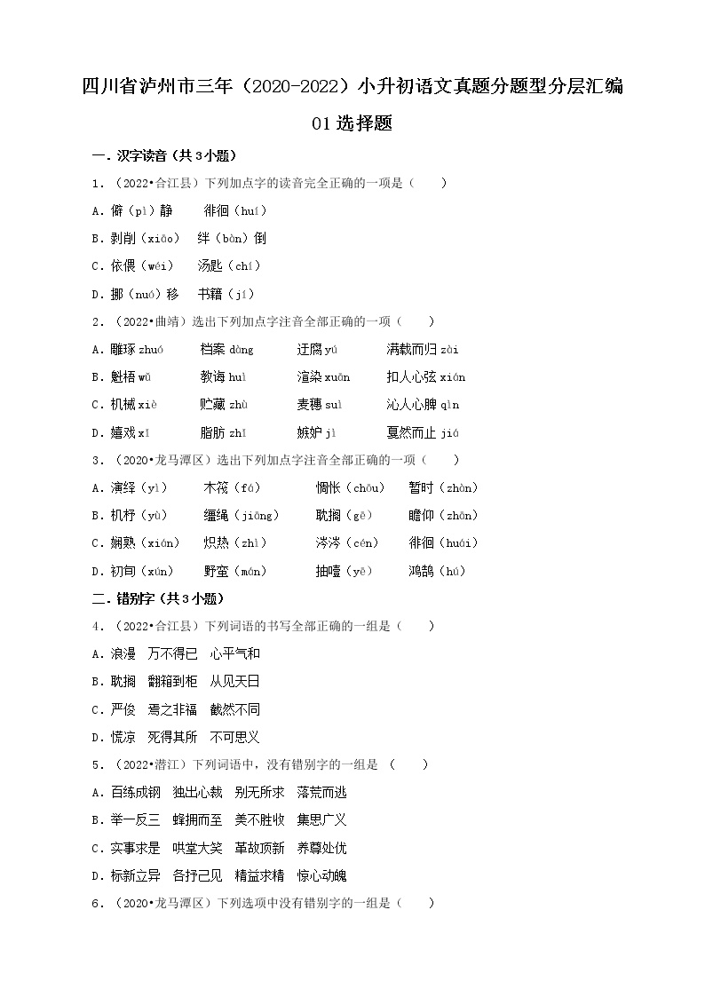 四川省泸州市三年（2020-2022）小升初语文真题分题型分层汇编-01选择题