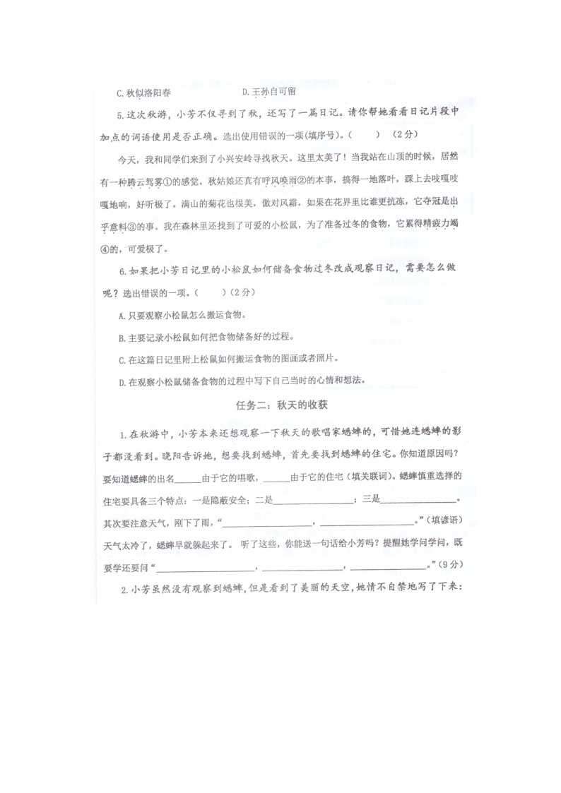 江苏省兴化市2022-2023学年四年级上学期期中检测语文试卷02