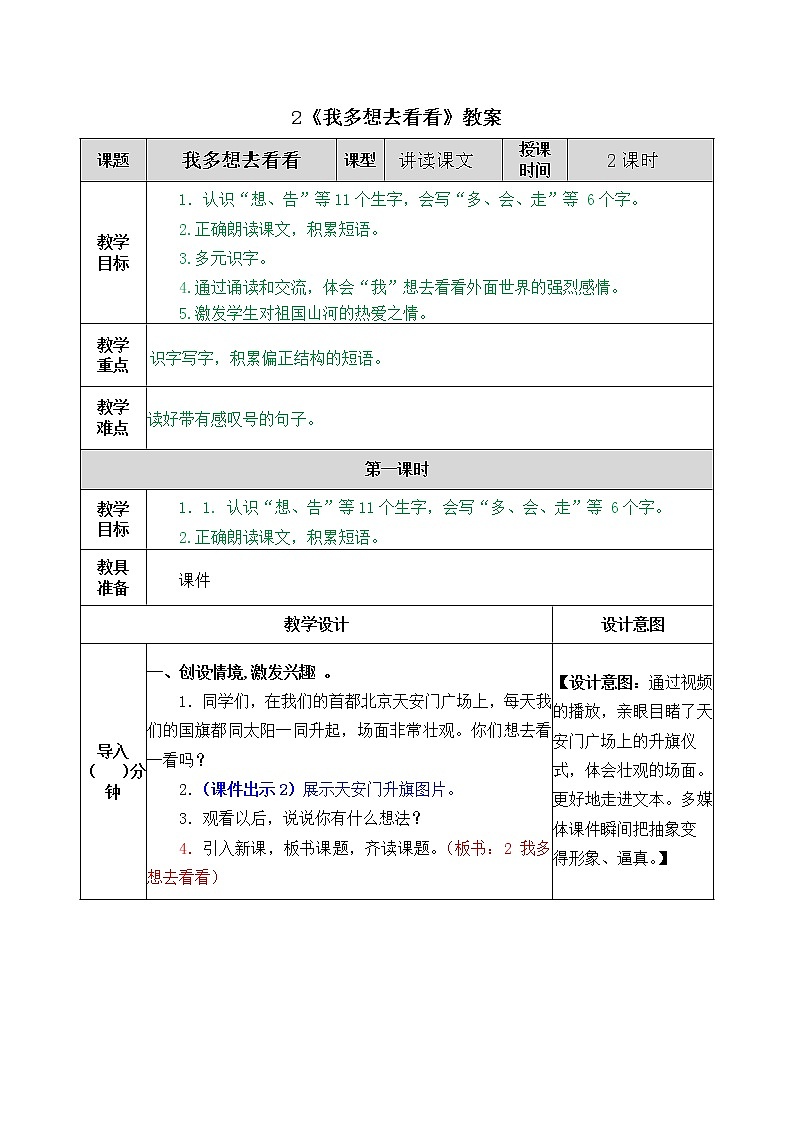 统编版1下语文 2《我多想去看看》教案第1页