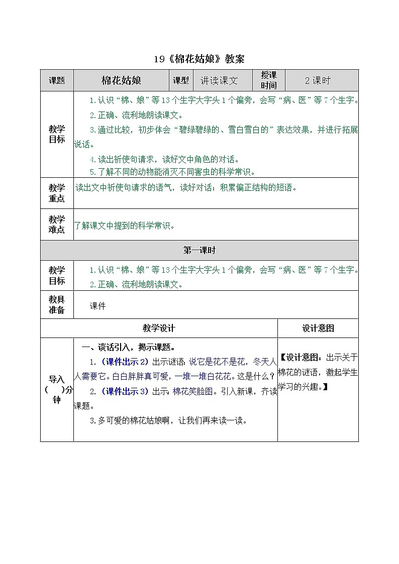 统编版1下语文 19《棉花姑娘》教案第1页