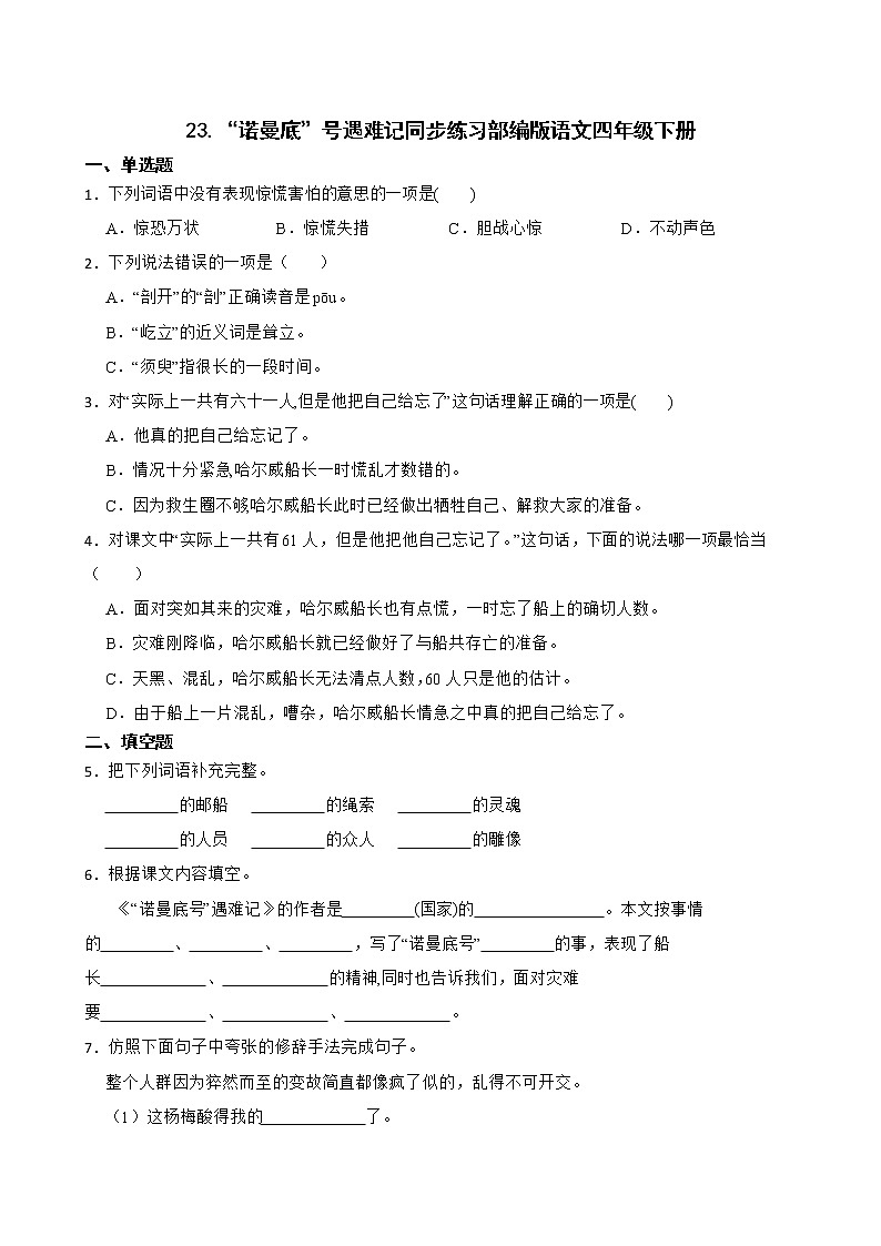 23.“诺曼底”号遇难记同步练习部编版语文四年级下册01