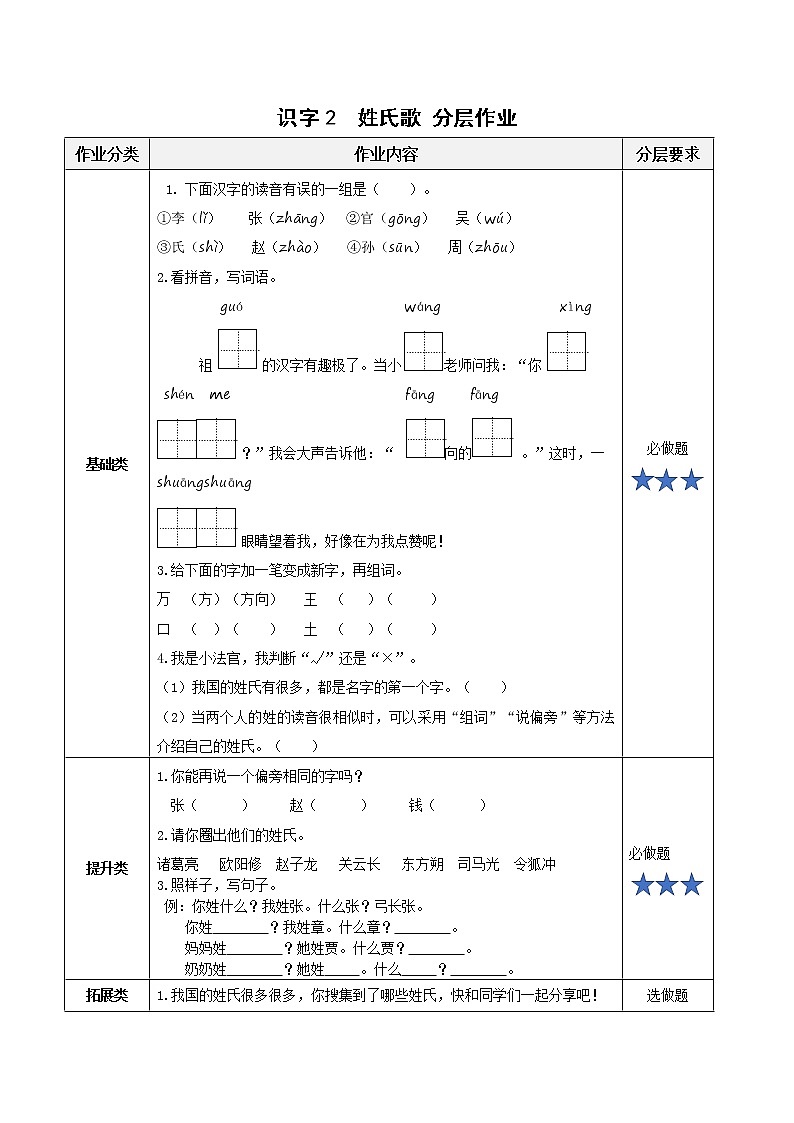 识字2《姓氏歌》(教学课件+教案+学习任务单+分层作业)一年级语文下册部编版01