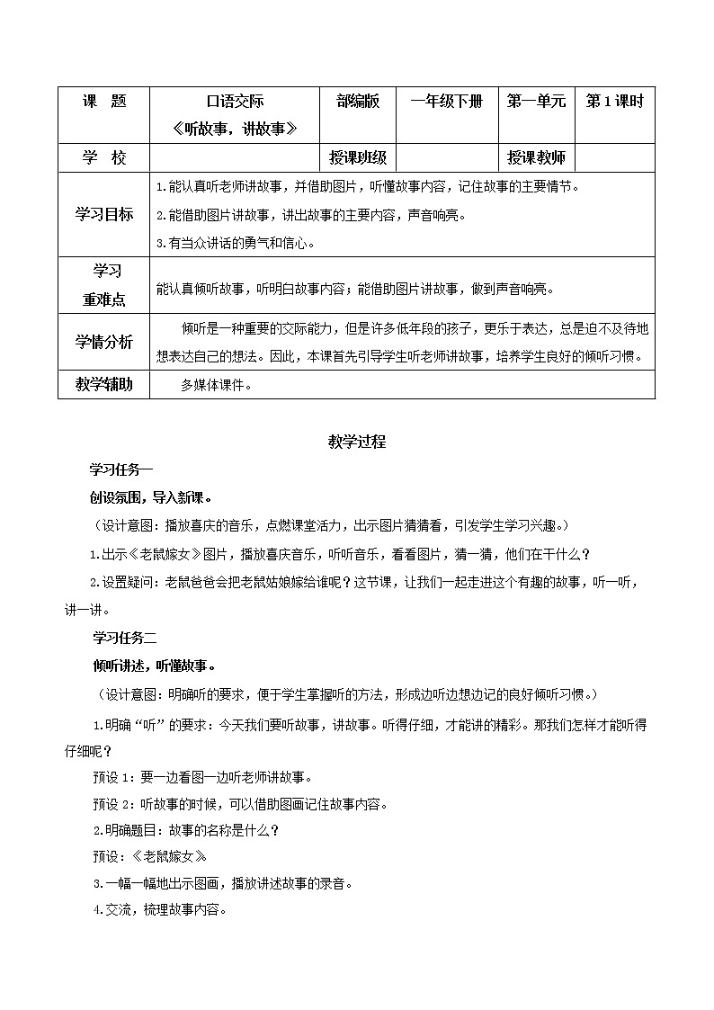 口语交际《听故事,讲故事》(教学课件+教案+学习任务单+分层作业)一年级语文下册部编版01