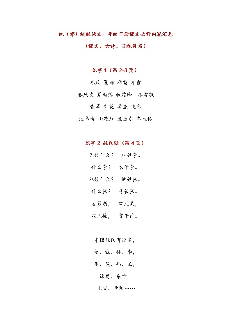 部编版1年级语文下册 课文必背内容汇总+背诵闯关表+写字表字帖 试卷01