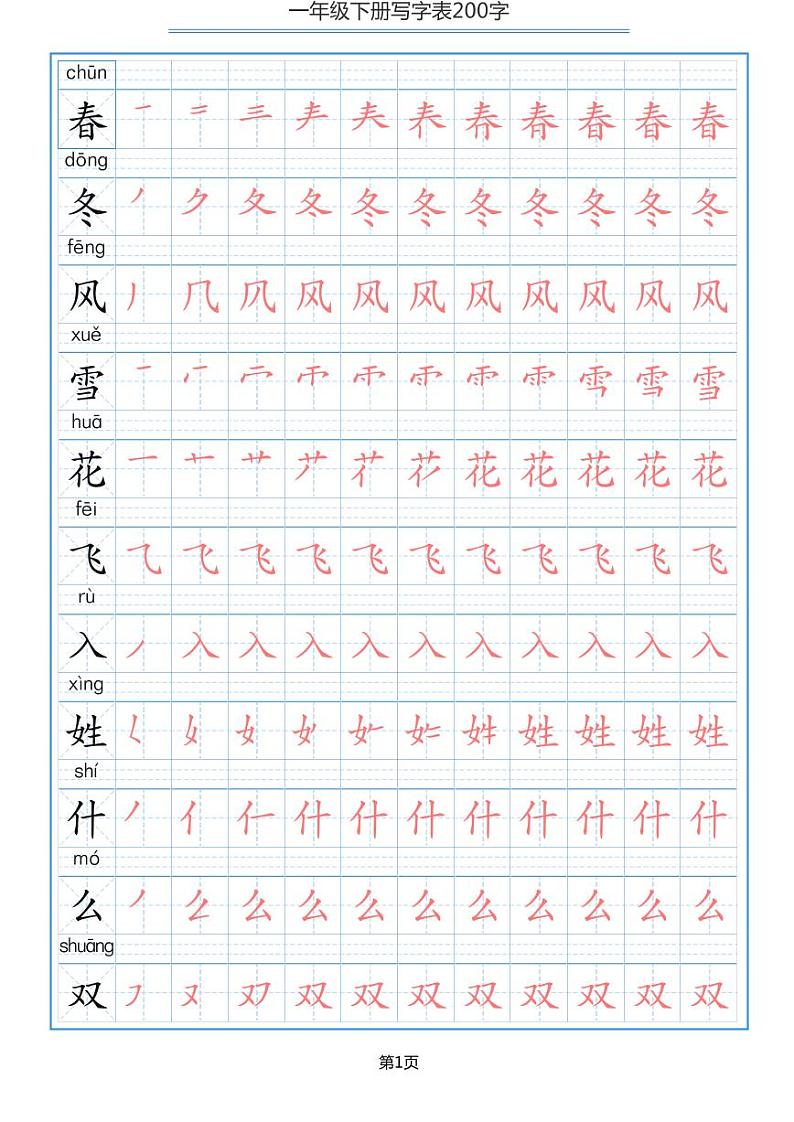部编版1年级语文下册 课文必背内容汇总+背诵闯关表+写字表字帖 试卷01