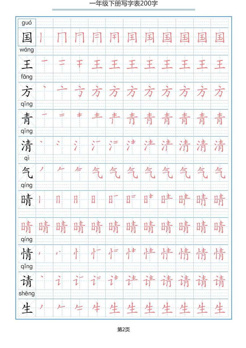 部编版1年级语文下册 课文必背内容汇总+背诵闯关表+写字表字帖 试卷02