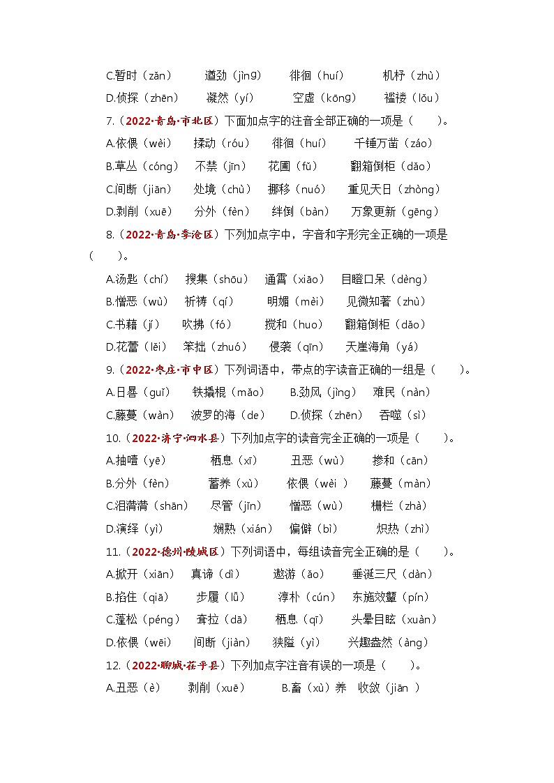 专题01字音综合训练-2023年小升初语文真题汇编(山东专版)第2页