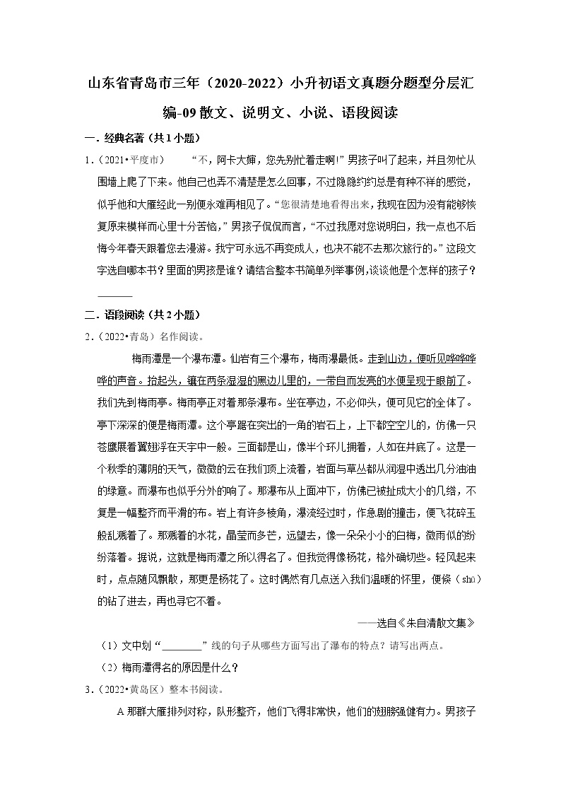 山东省青岛市三年（2020-2022）小升初语文真题分题型分层汇编-09散文、说明文、小说、语段阅读