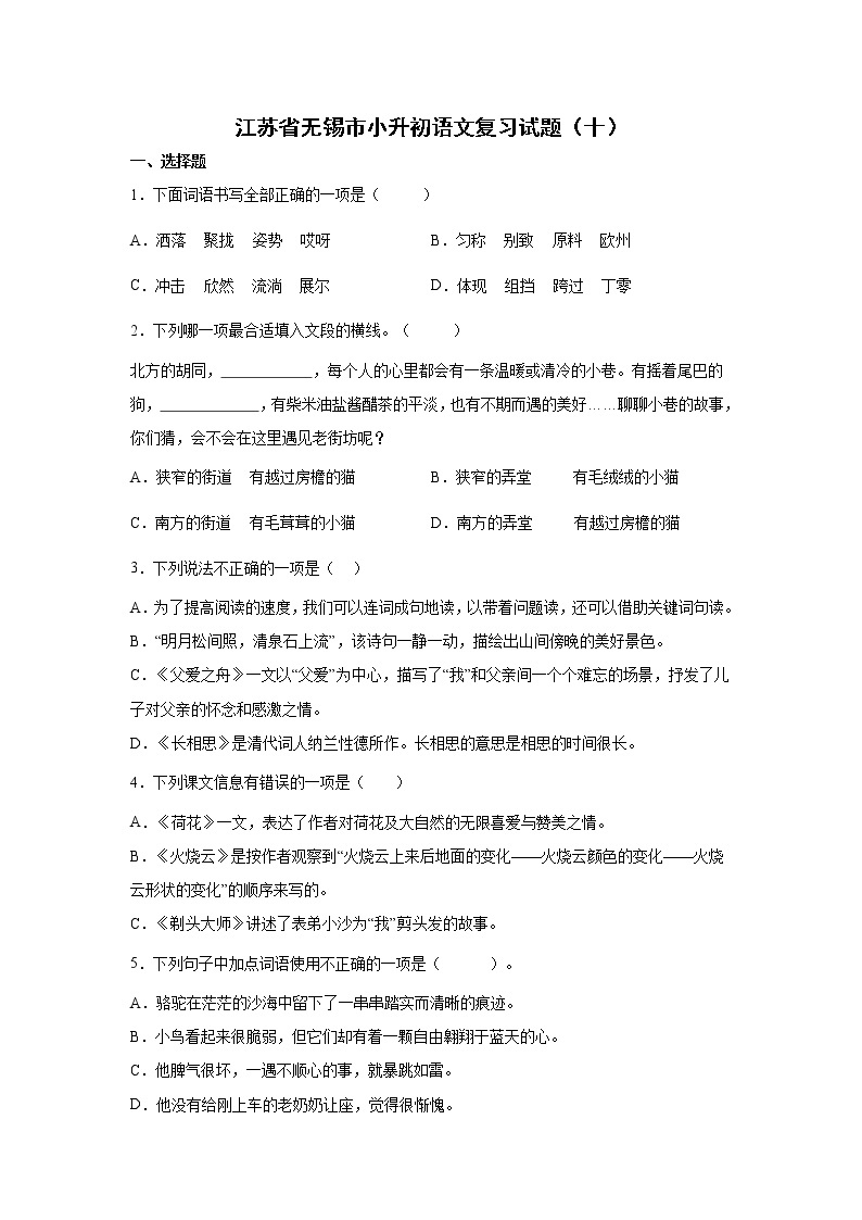 江苏省无锡市小升初语文模拟复习试题（十）（含答案）01