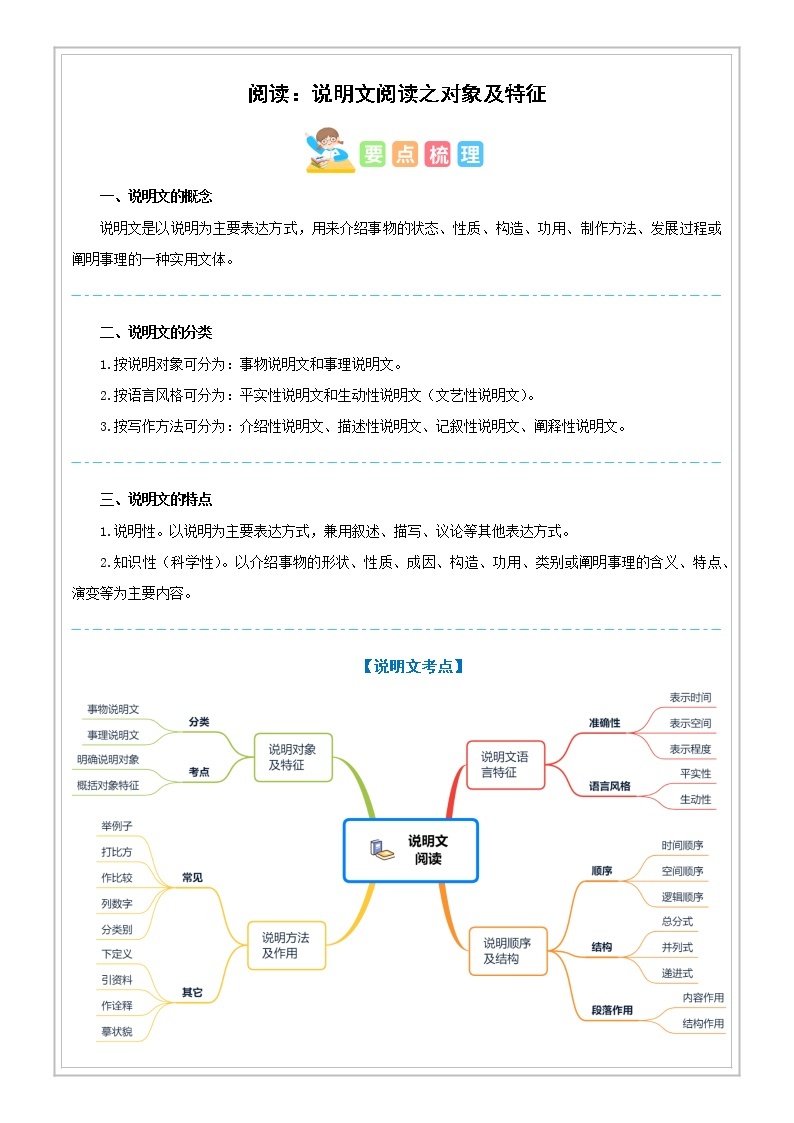 小升初语文专项知识  第17讲【阅读】说明文阅读之说明对象及特点 -（试题版+解析版）01