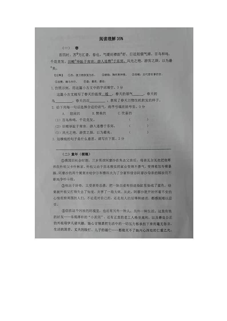 浙江省杭州市萧山区2022-2023学年六年级下学期期中阶段性质量检测语文试卷03