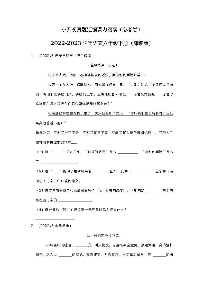 小升初真题汇编课内阅读（必考卷）-2022-2023学年语文六年级下册（部编版）01