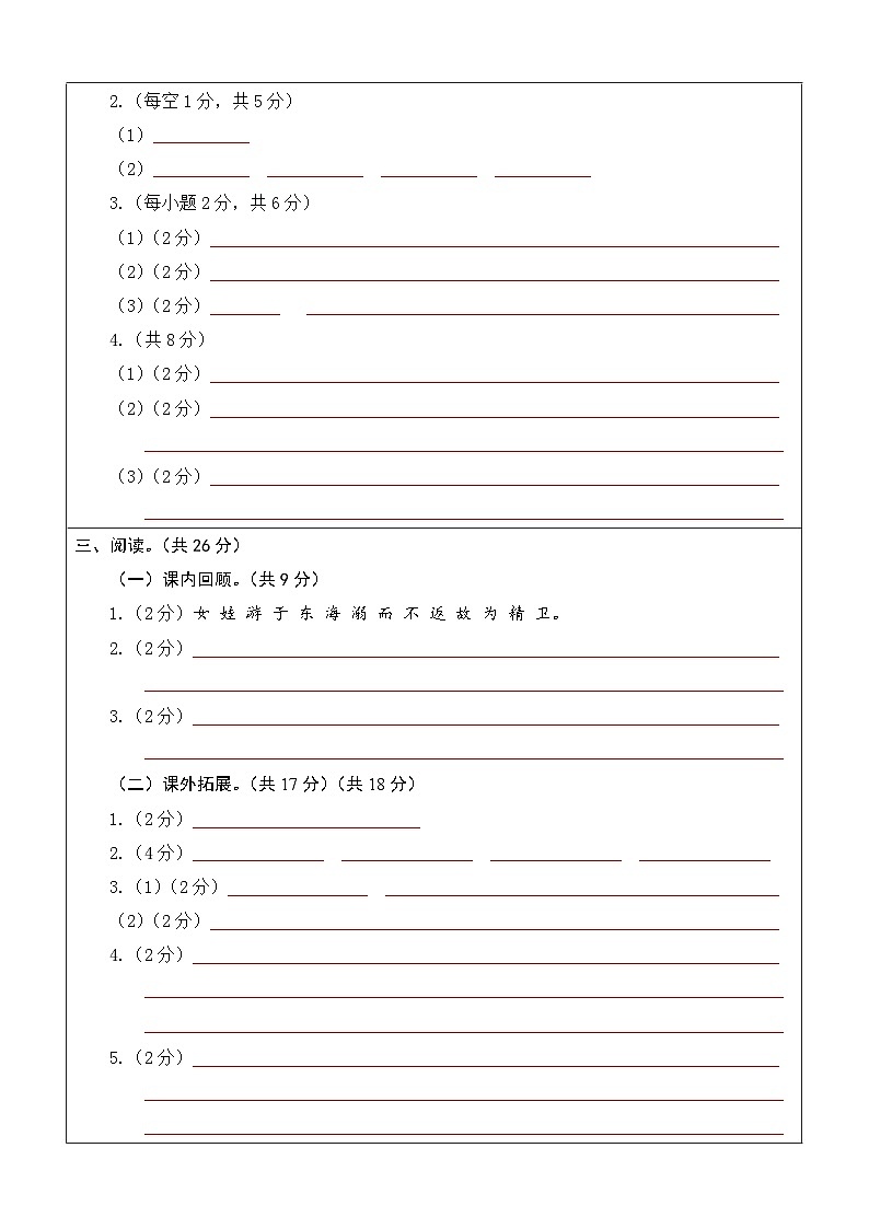 选拔卷:2023年小升初语文模拟测试卷一(部编版)答题卡第2页