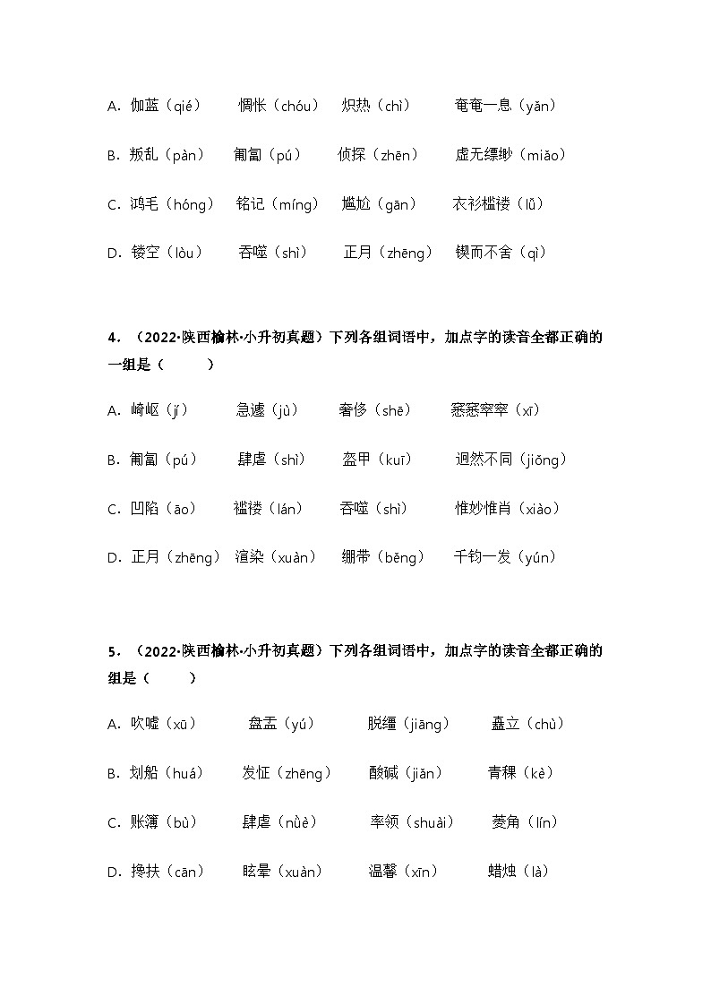 专题01 字音辨析——【陕西地区】2021+2022年小升初语文真题专项汇编(原卷版+解析版)02