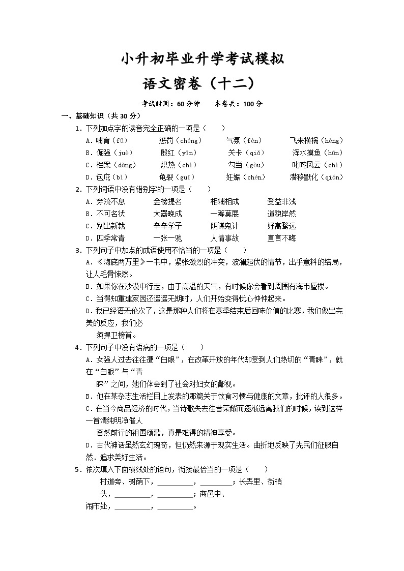 2023年四川省成都市小升初毕业升学考试模拟语文（十二）试卷01