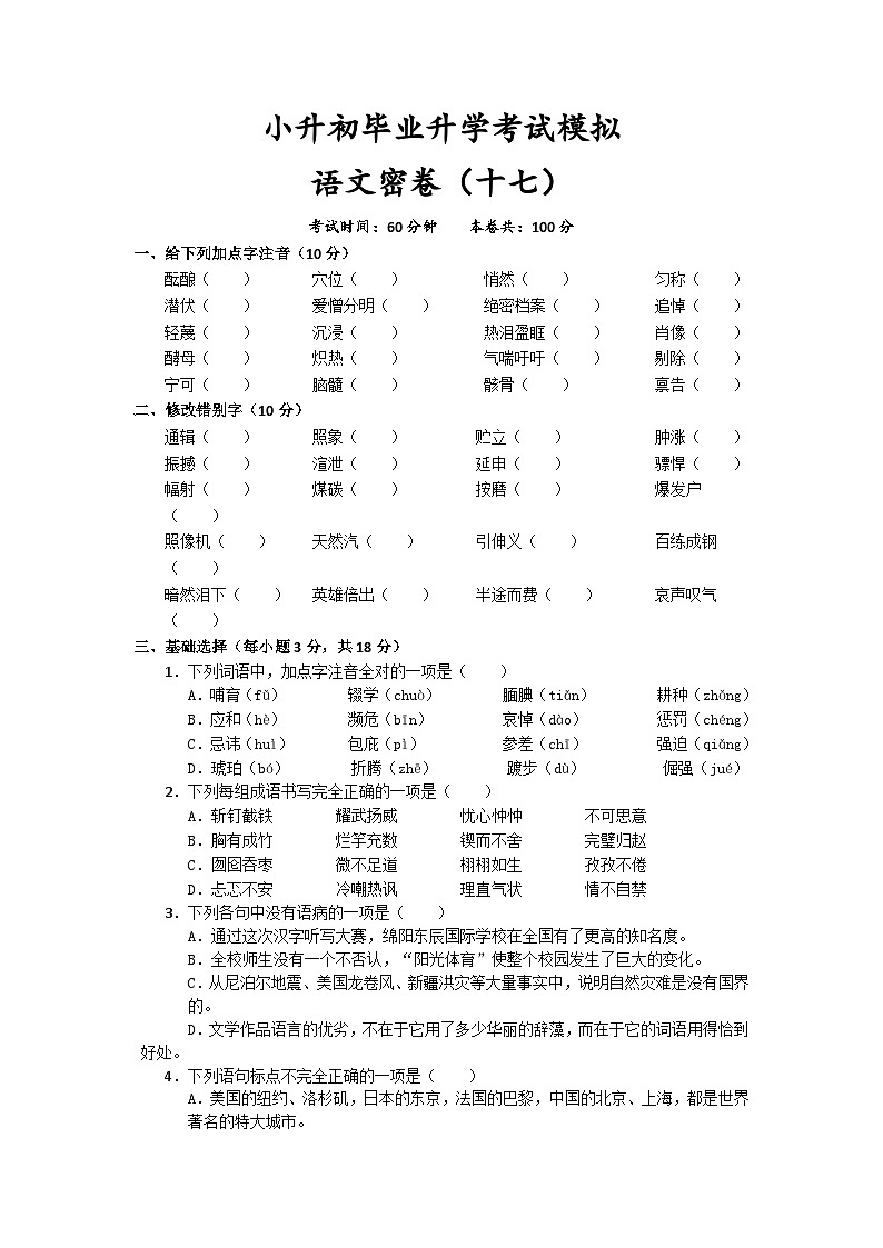 2023年四川省成都市小升初毕业升学考试模拟语文(十七)试卷第1页