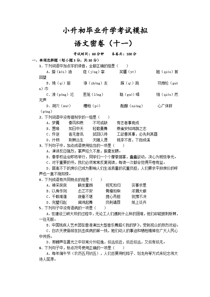 2023年四川省成都市小升初毕业升学考试模拟语文（十一）试卷01
