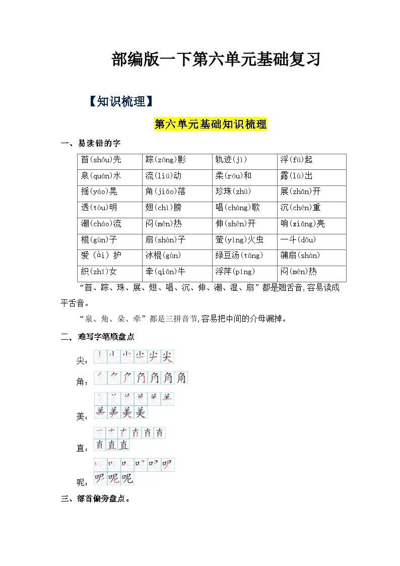 第六单元（知识清单+单元检测）——【期末复习】2022-2023学年一年级语文下册单元复习知识点梳理+练习讲义 （部编版）01