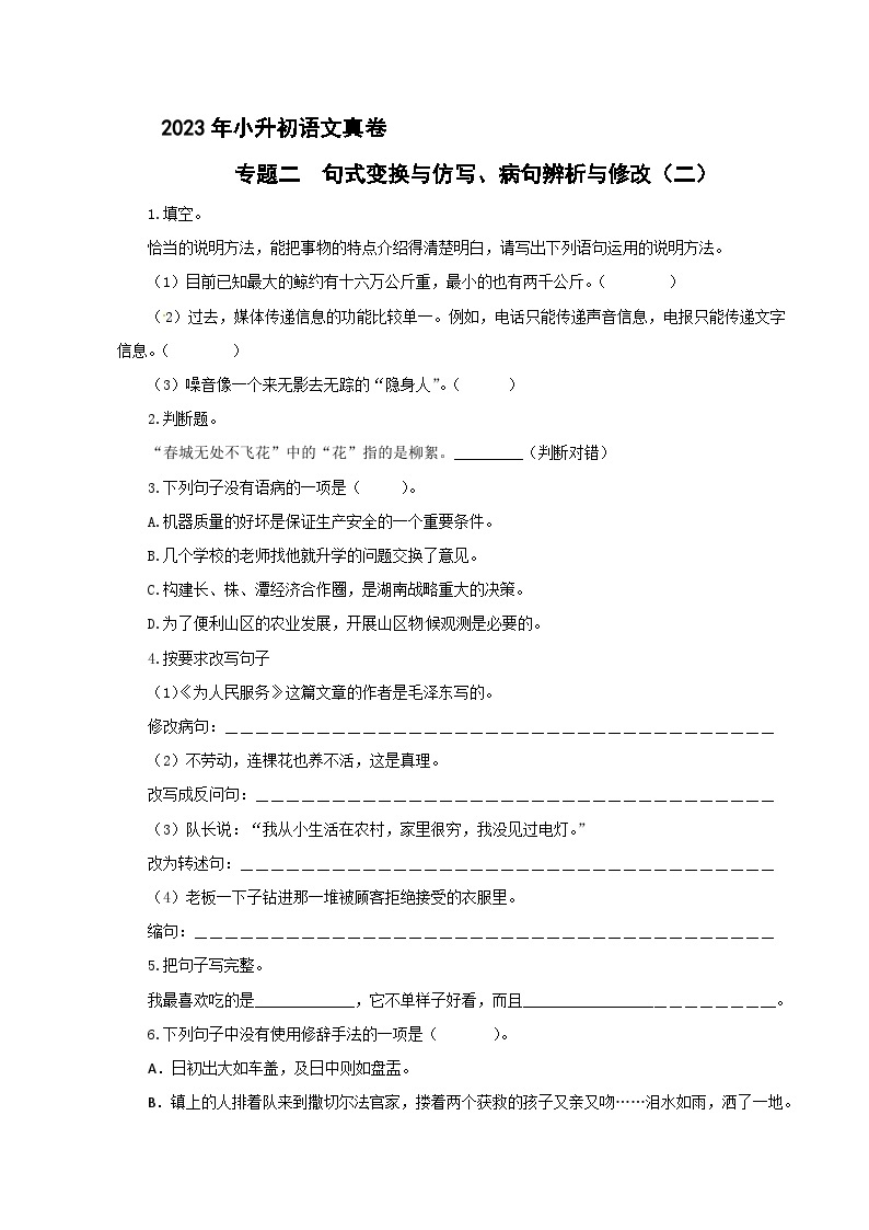 小升初语文专题二 句式变换与仿写、病句辨析与修改（二） （原卷+答案与解释）01