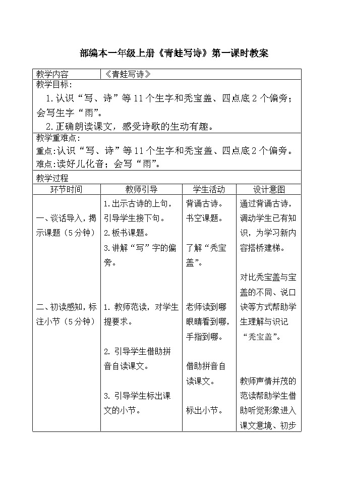 7《青蛙写诗》第一课时(教案)部编版语文一年级上册01