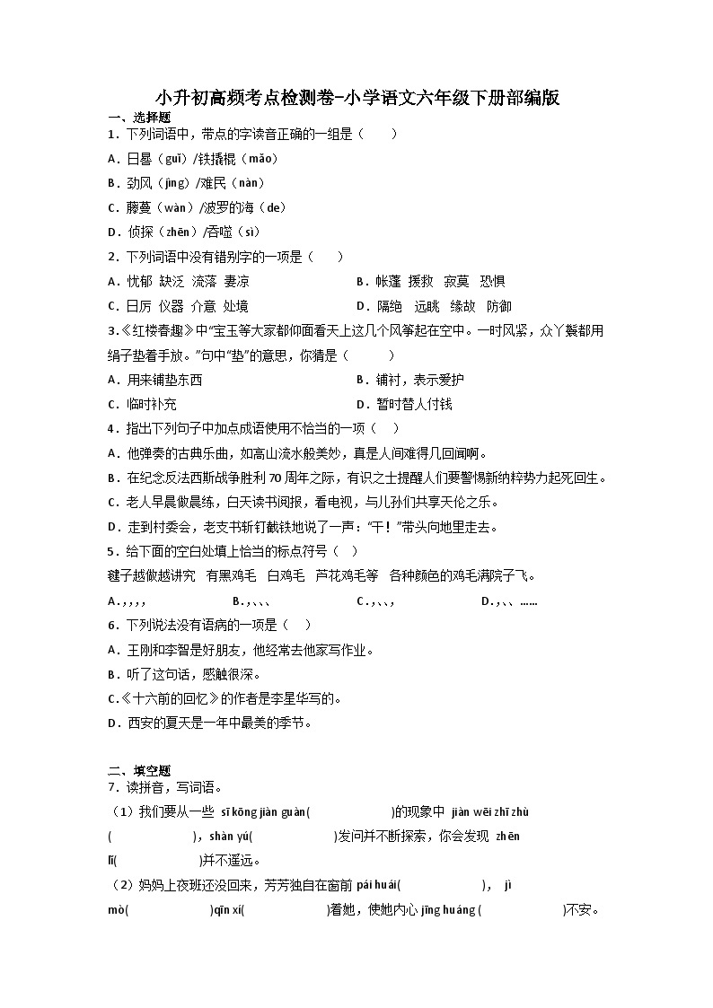 小升初高频考点检测卷-2022-2023学年语文六年级下册（统编版）01