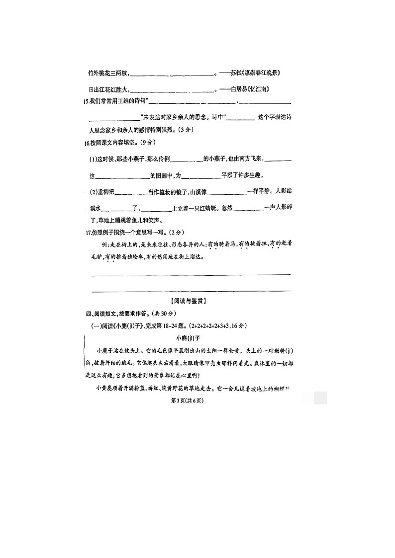 河南省驻马店市驿城区胡庙乡洼李小学2022-2023学年三年级下学期期末语文试题第3页