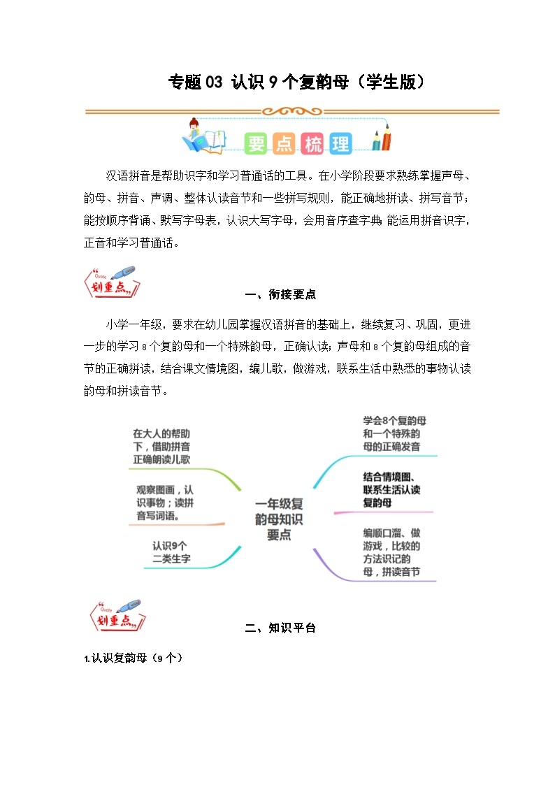 专题03 认识9个复韵母-2023年幼升一语文暑假专项知识点（统编版）01