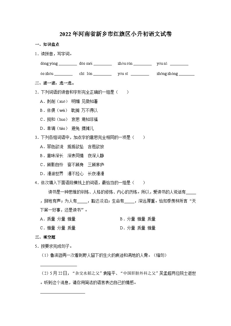 2022年河南省新乡市红旗区小升初语文试卷01